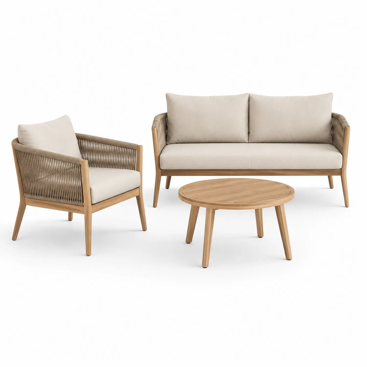 Zestaw mebli ogrodowych sofa fotel stolik kawowy drewno naturalne plecionka linowa beżowe poduszki