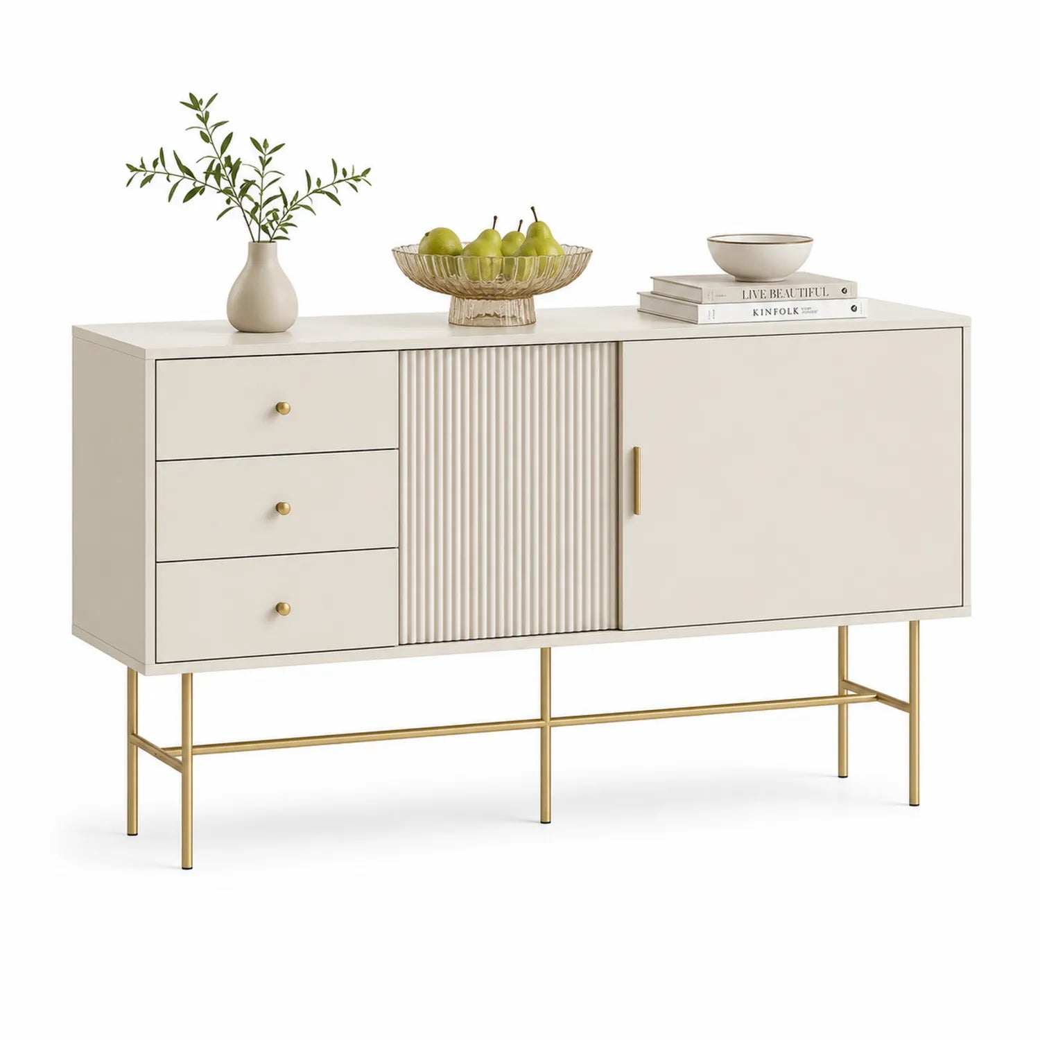 Kredens do jadalni 150 x 40 x 85 cm MDF z ryflowanym frontem 3 szuflady 2 drzwi beżowy złoty