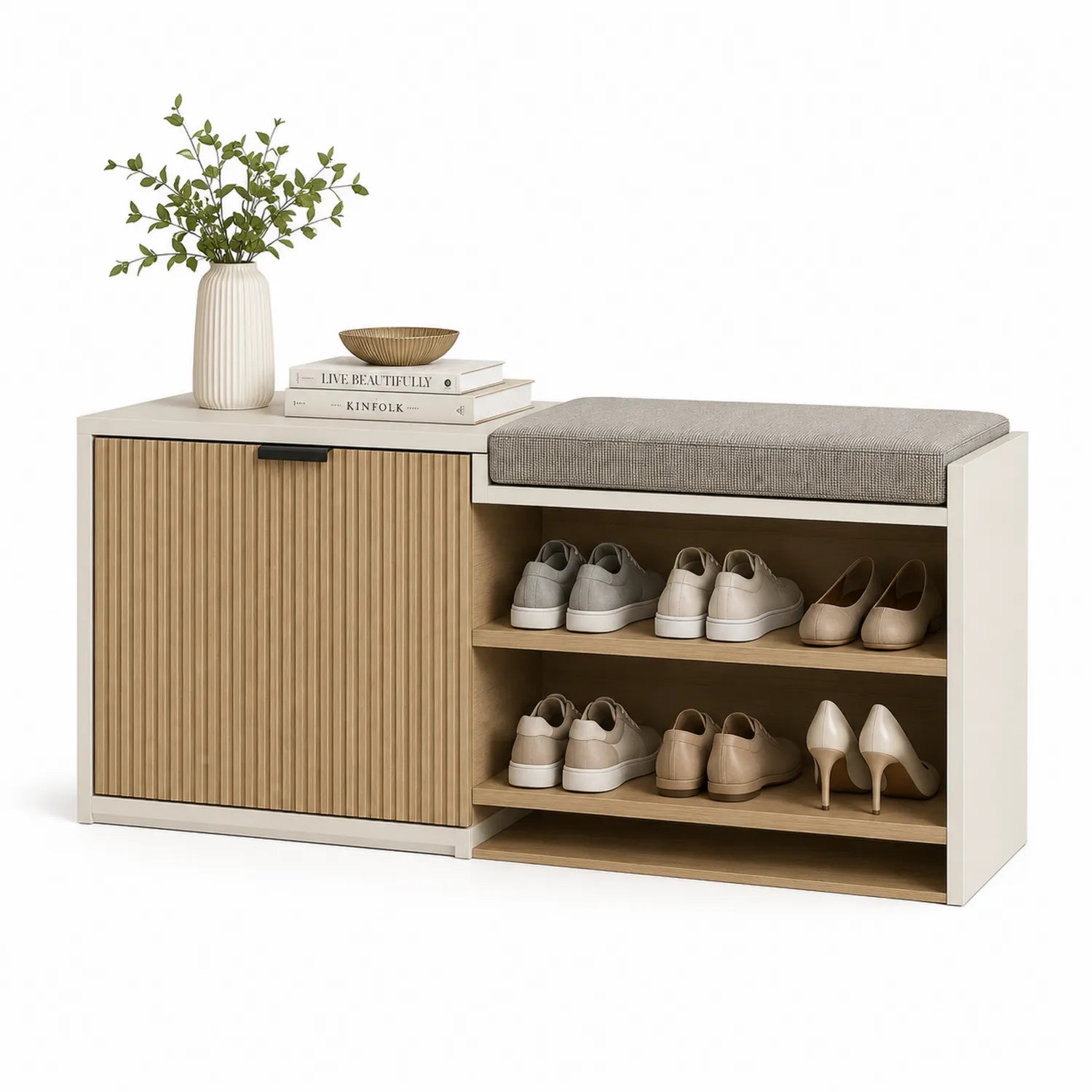 Szafka na buty 120 cm MDF dąb naturalny biały z siedziskiem i półkami 120x35x85 cm