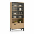 Kredens kuchenny 120 x 40 x 200 cm MDF laminowany dąb naturalny czarny stelaż metalowy drzwi szklane półki wewnętrzne