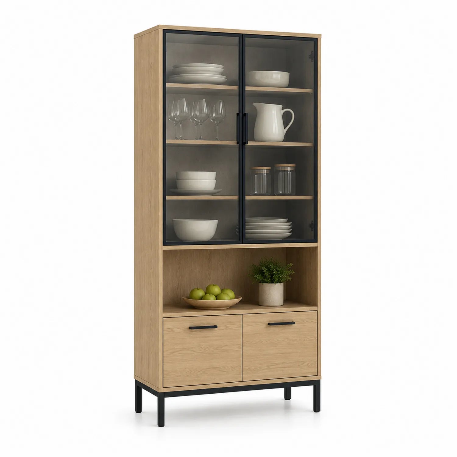 Kredens kuchenny 120 x 40 x 200 cm MDF laminowany dąb naturalny czarny stelaż metalowy drzwi szklane półki wewnętrzne