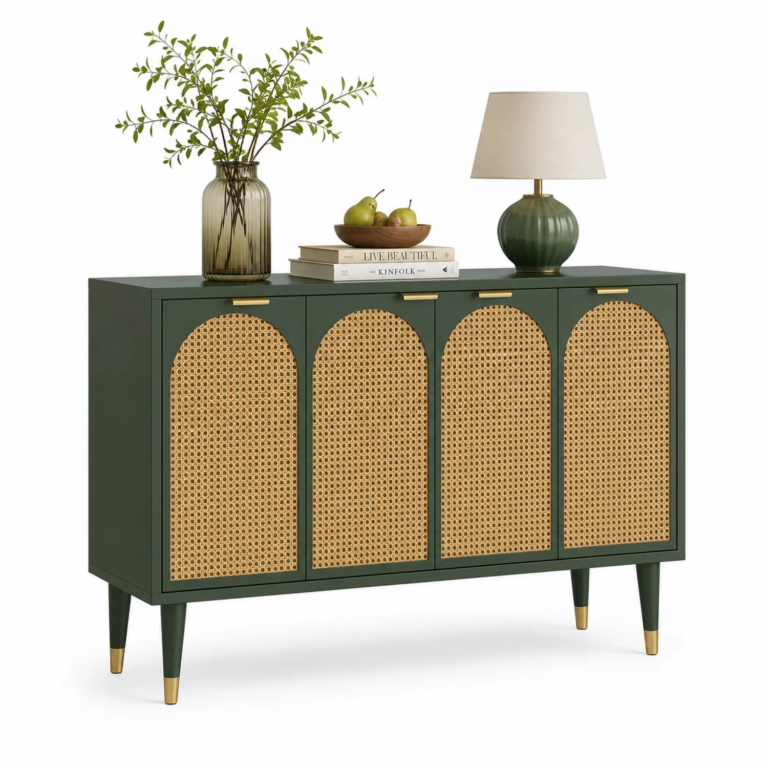 Kredens do jadalni MDF fornirowany 160 cm 40 cm 80 cm zielony fronty rattanowe nogi metalowe złote