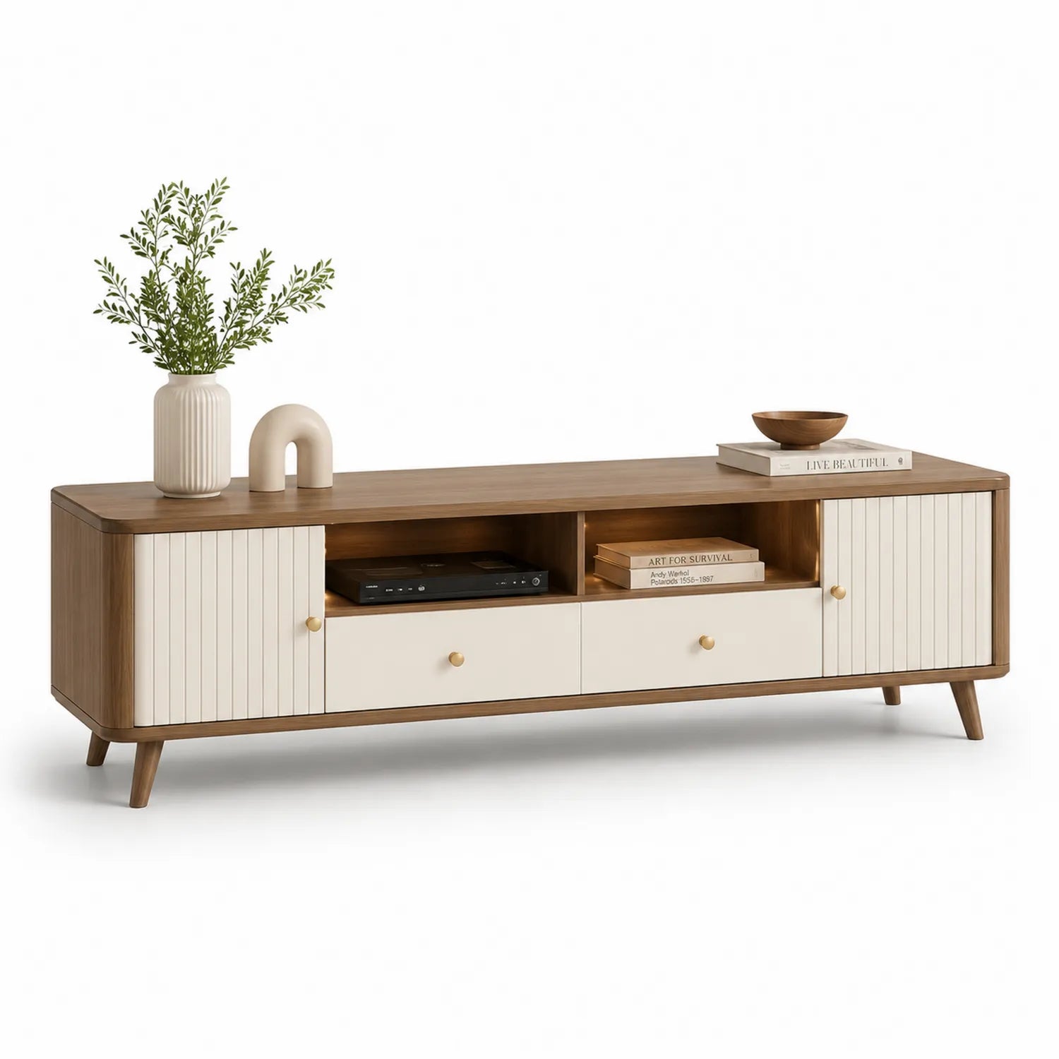 Szafka RTV 180 cm MDF płyta wiórowa dąb naturalny biały złote uchwyty drewniane nogi 180 cm 40 cm 50 cm
