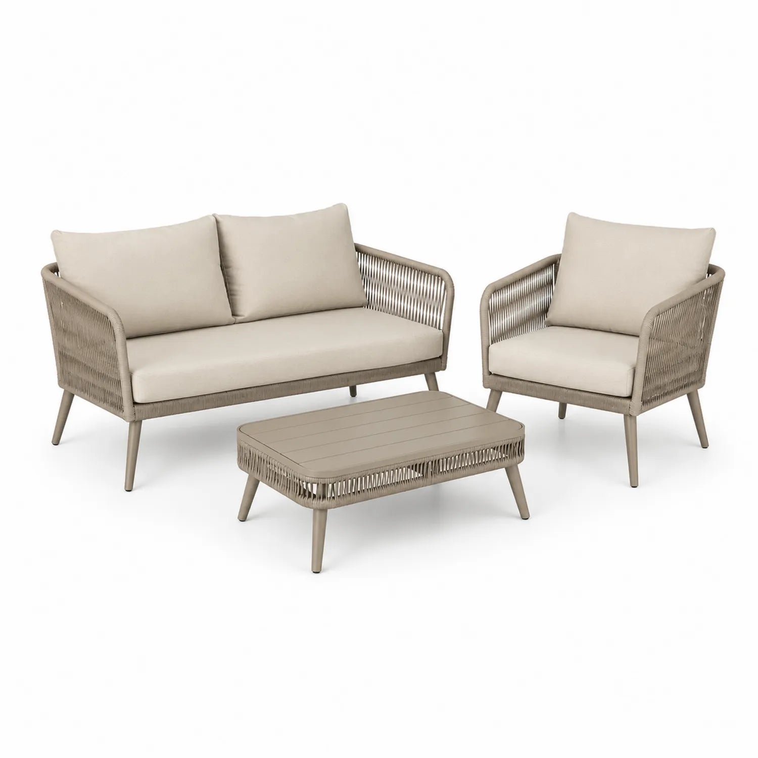 Zestaw mebli ogrodowych sofa dwuosobowa fotel i stolik kawowy plecionka linowa aluminium beżowy 3 elementy