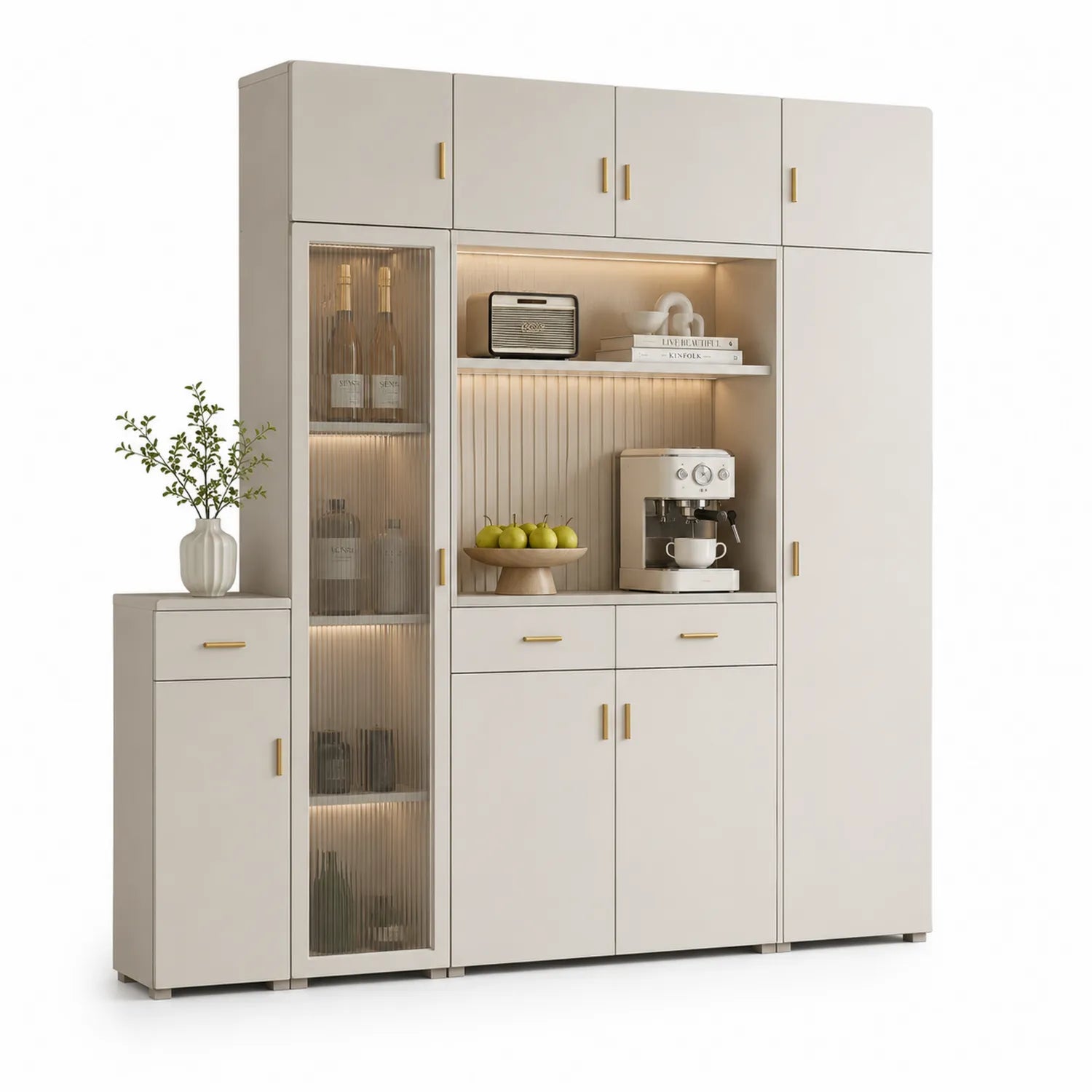 Kredens kuchenny modułowy 260 cm MDF laminat melaminowy szkło ryflowane oświetlenie LED beżowy kremowy złoty