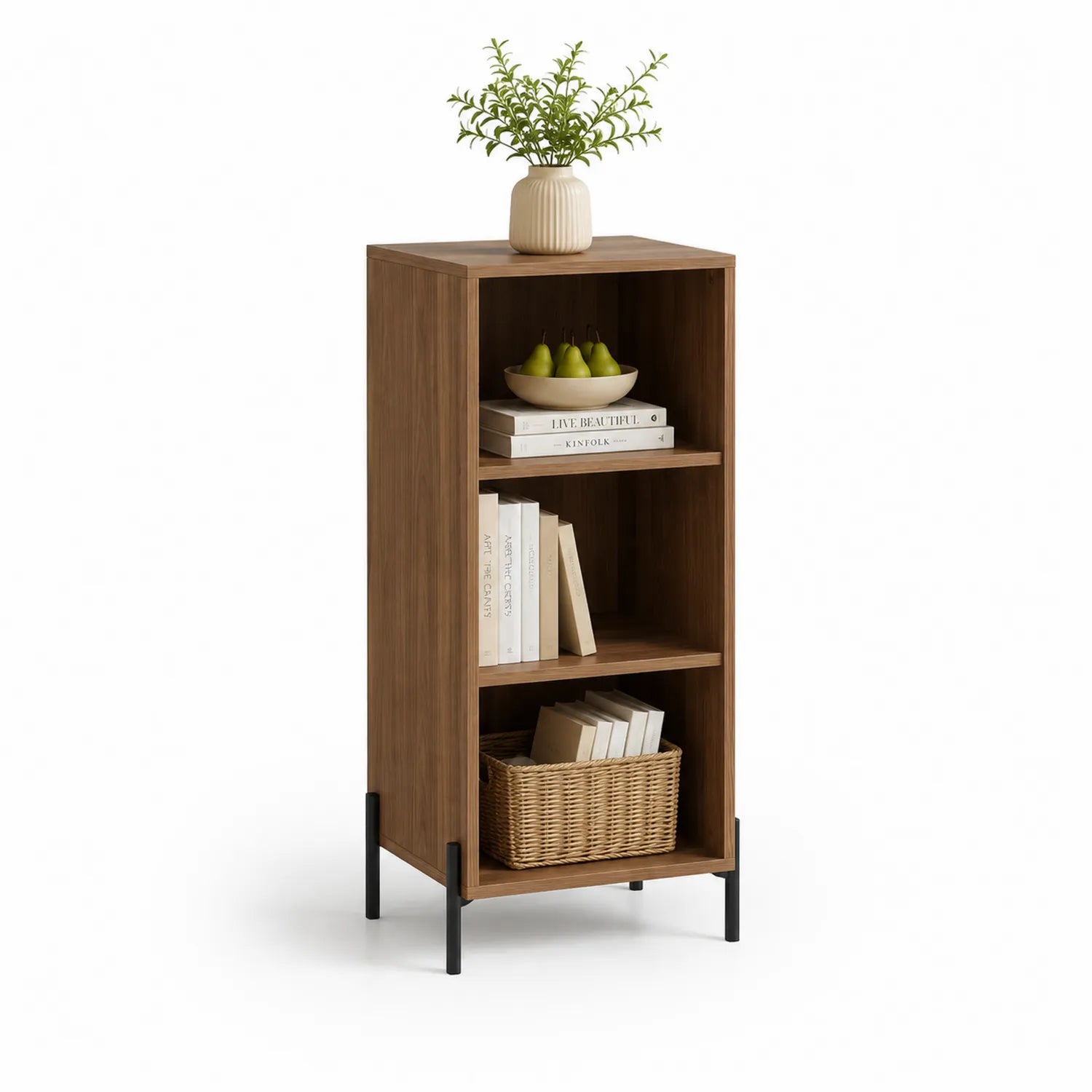 Regał stojący do jadalni 120 cm MDF dekor orzechowy czarne metalowe nogi 3 półki kosz dolny