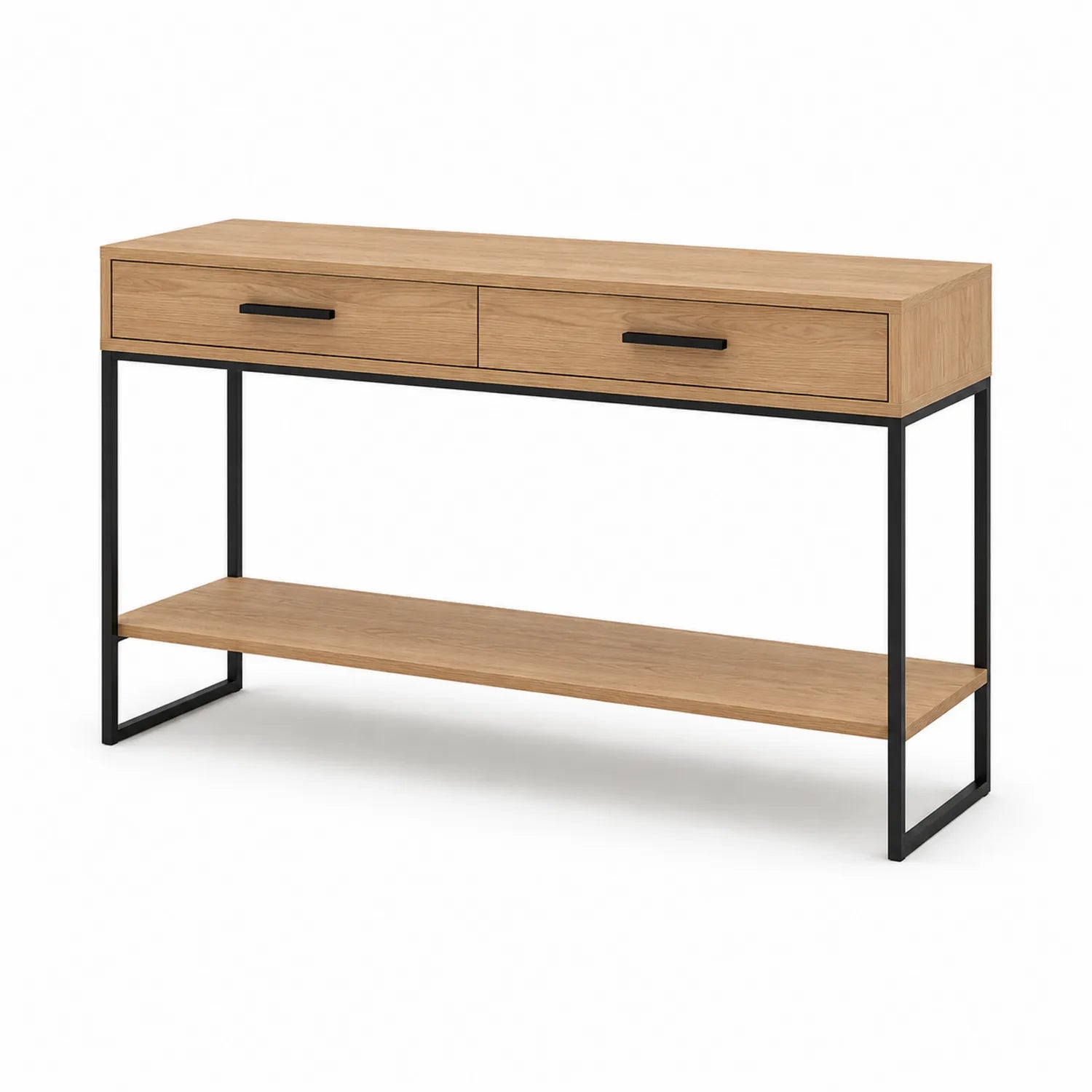 Konsola do przedpokoju 120 cm x 35 cm x 80 cm MDF laminowany dąb naturalny czarny metalowa rama 2 szuflady i półka