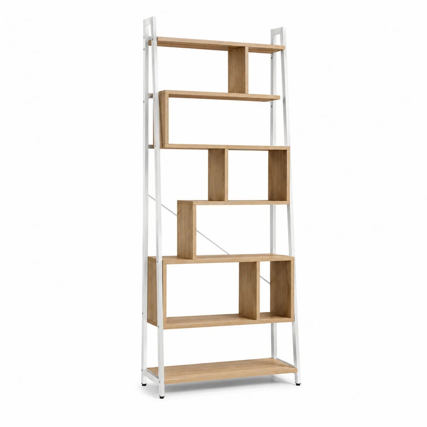 Regał stojący 180 x 80 x 35 cm MDF laminowany dąb naturalny biały metalowa rama 5 poziomów konstrukcja drabinkowa