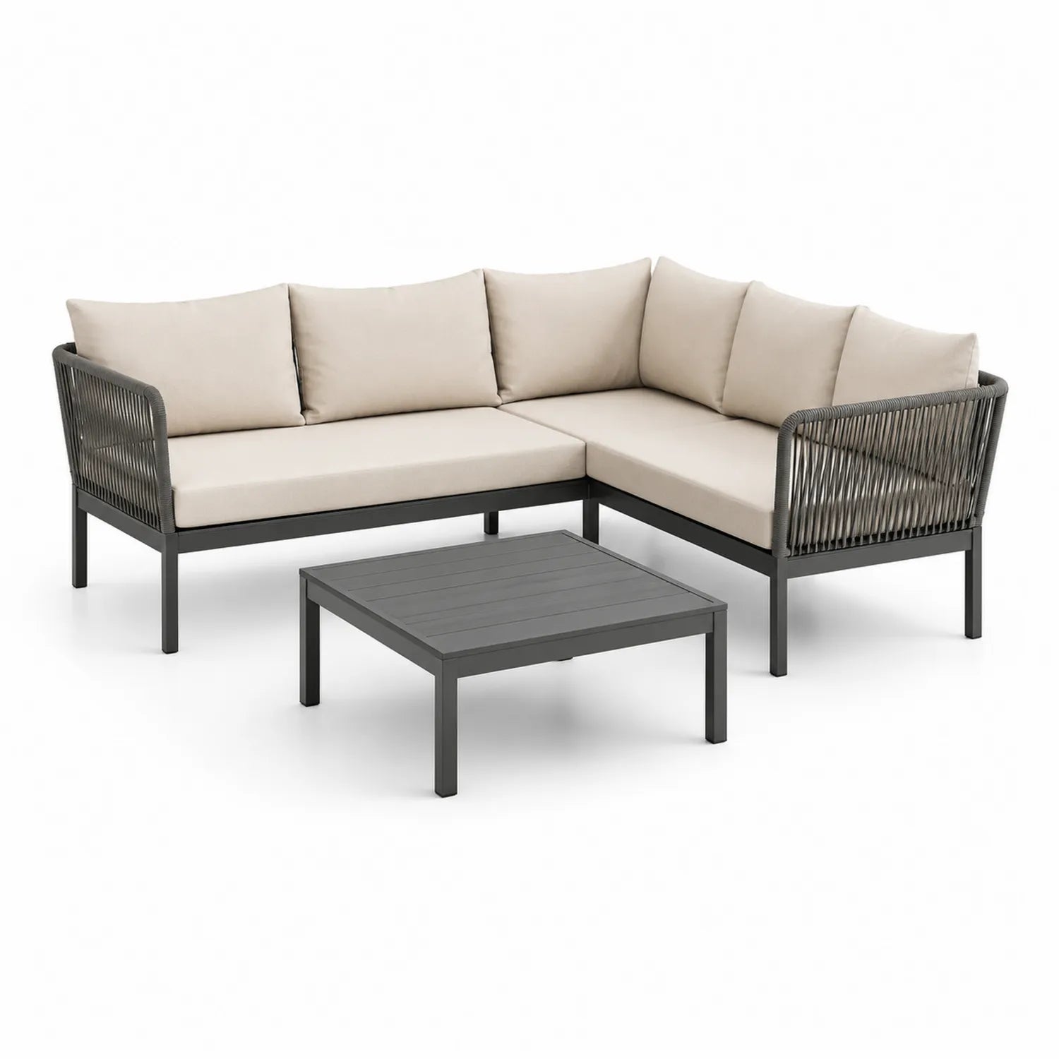Zestaw mebli ogrodowych sofa narożna L z stolikiem kawowym plecionka linowa aluminium beżowy 4 elementy