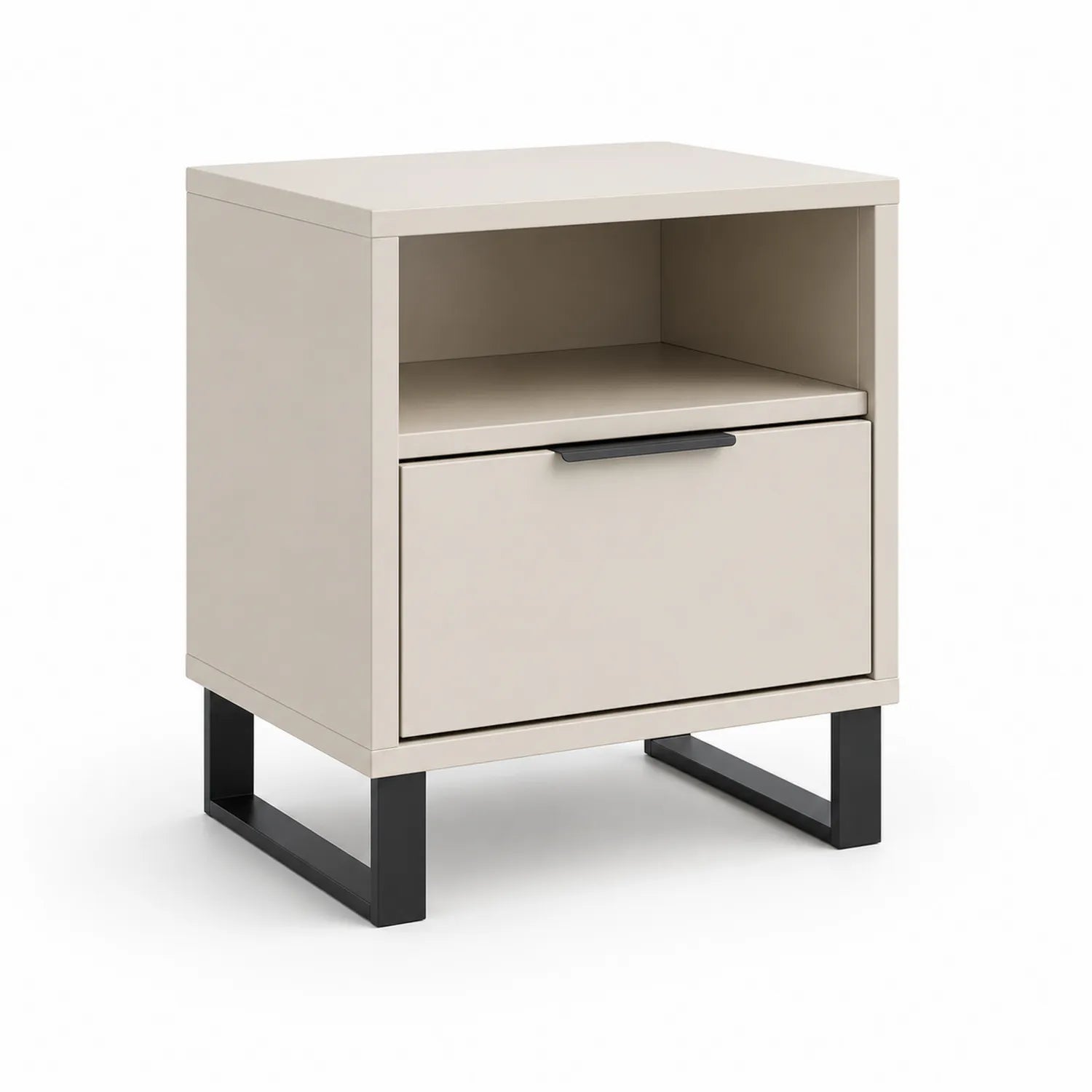 Szafka nocna 45x40x55 cm MDF laminowana beżowa z szufladą i otwartą półką czarna stalowa podstawa