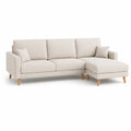 Sofa narożna z szezlongiem prawostronnym 230 x 145 x 85 cm tkanina poliester beżowa konstrukcja drewniana z poduszkami