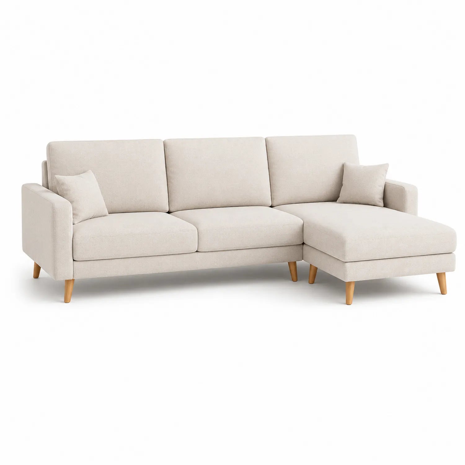Sofa narożna z szezlongiem prawostronnym 230 x 145 x 85 cm tkanina poliester beżowa konstrukcja drewniana z poduszkami