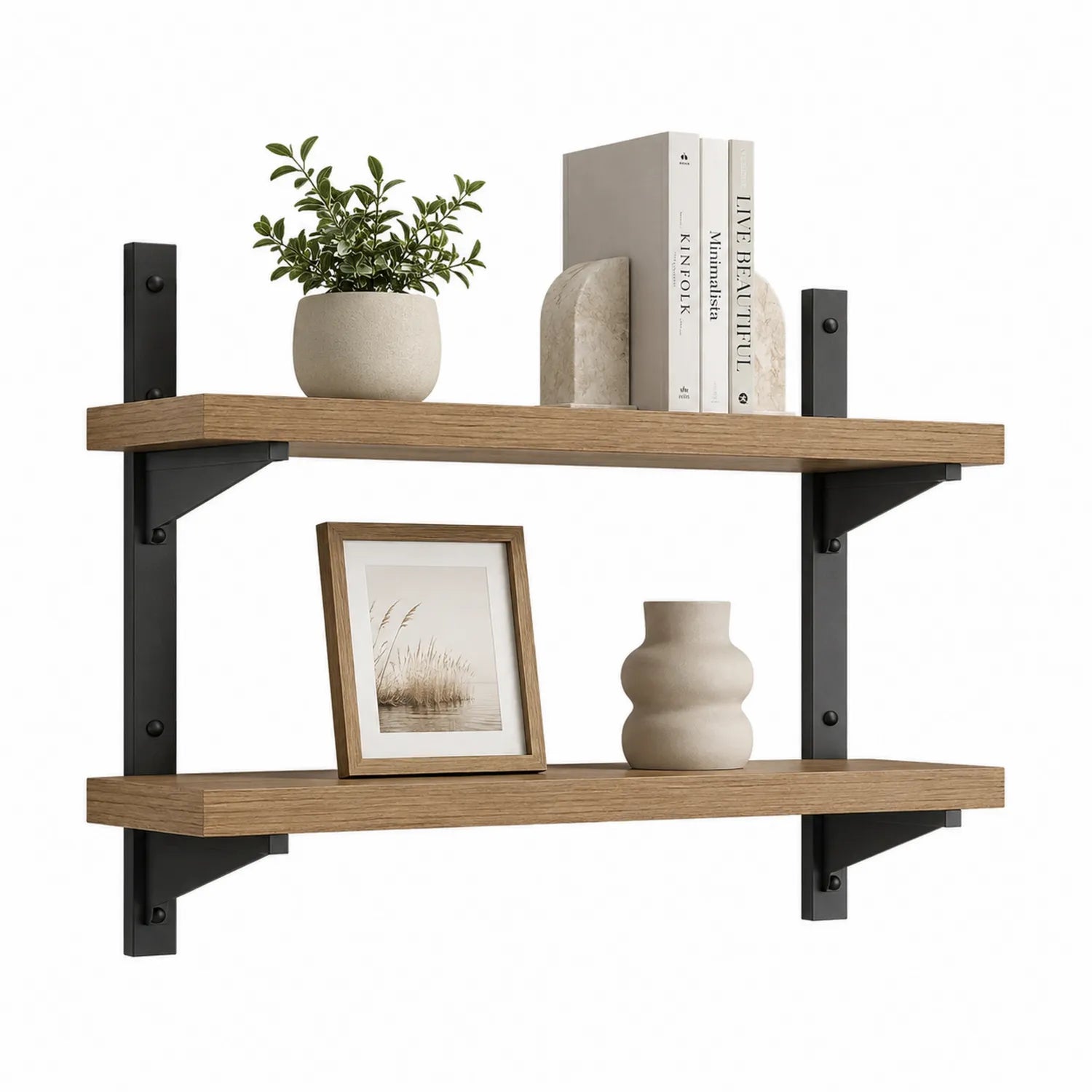 Regał ścienny 80x25x70 cm dąb naturalny metalowe czarne wsporniki 2 poziomy półek