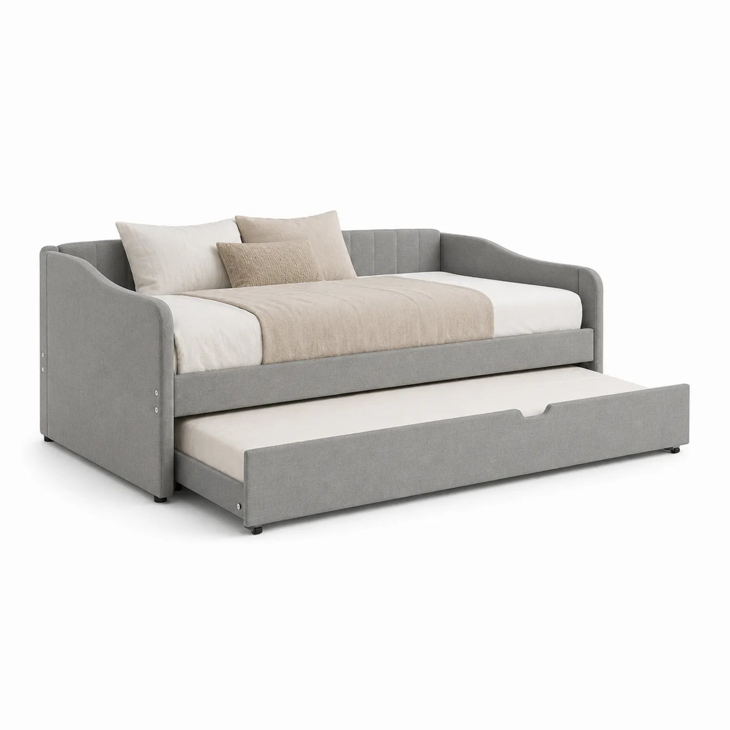 Sofa rozkładana 90x200 cm szara tkanina poliester z wysuwanym dolnym łóżkiem rama MDF i drewno sosnowe