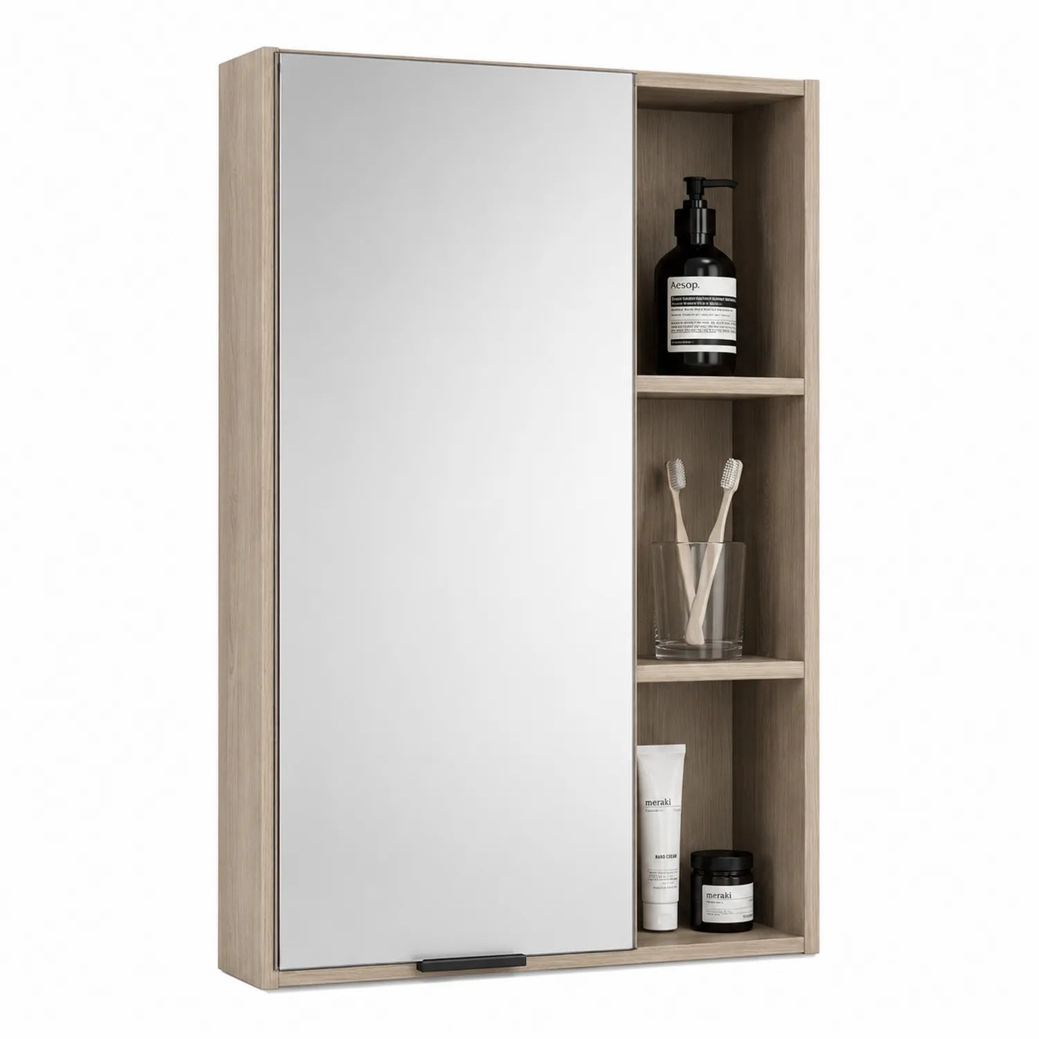 Szafka łazienkowa z lustrem 60 x 70 x 16 cm MDF laminowany dąb naturalny ścienna z bocznymi półkami otwartymi