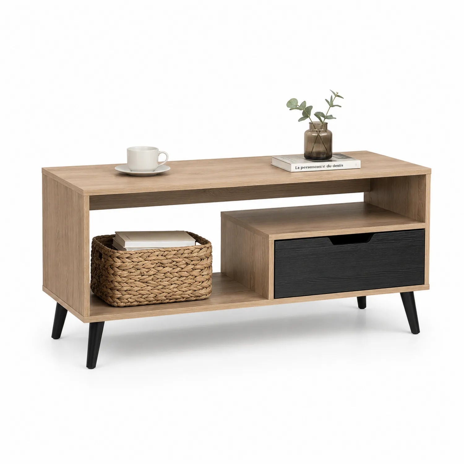 Stolik kawowy 110 cm MDF dekor dąb naturalny czarny front metalowe nogi 110 cm 50 cm 45 cm szuflada i otwarta półka