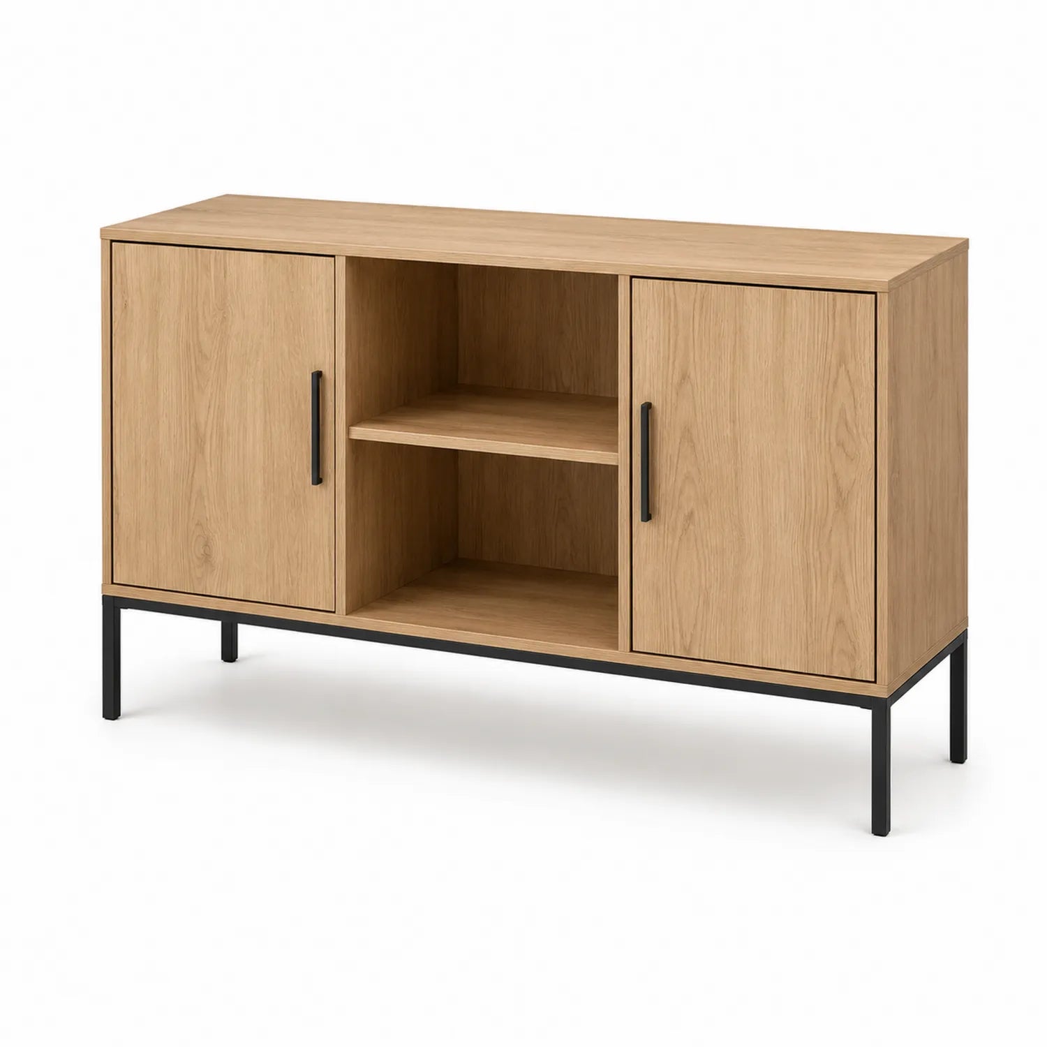 Kredens do jadalni 140 cm x 40 cm x 85 cm MDF okleina dąb naturalny szafka stojąca czarny metalowe nogi