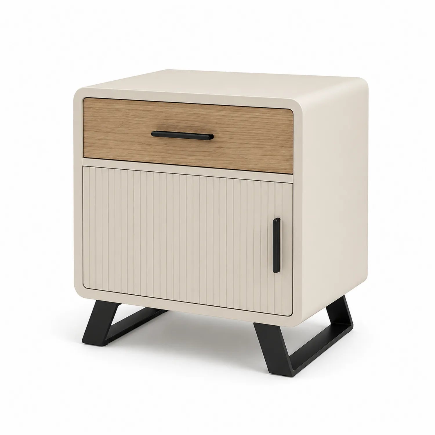 Szafka nocna 45 x 40 x 55 cm MDF laminowana beżowa z drewnianym frontem i czarną metalową podstawą z szufladą i szafką