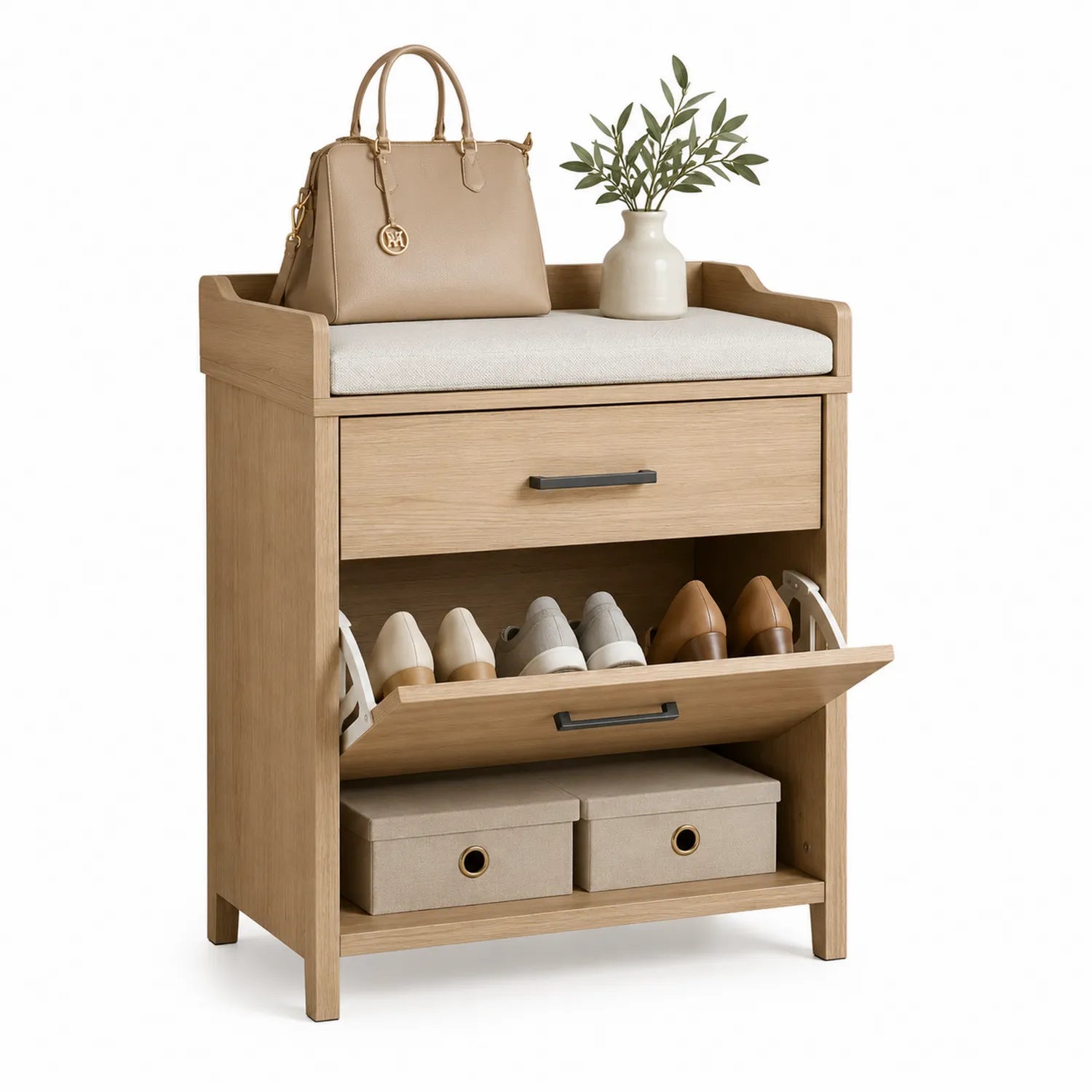 Szafka na buty z siedziskiem MDF laminowany dąb naturalny beżowy czarny z szufladą i uchylnymi półkami