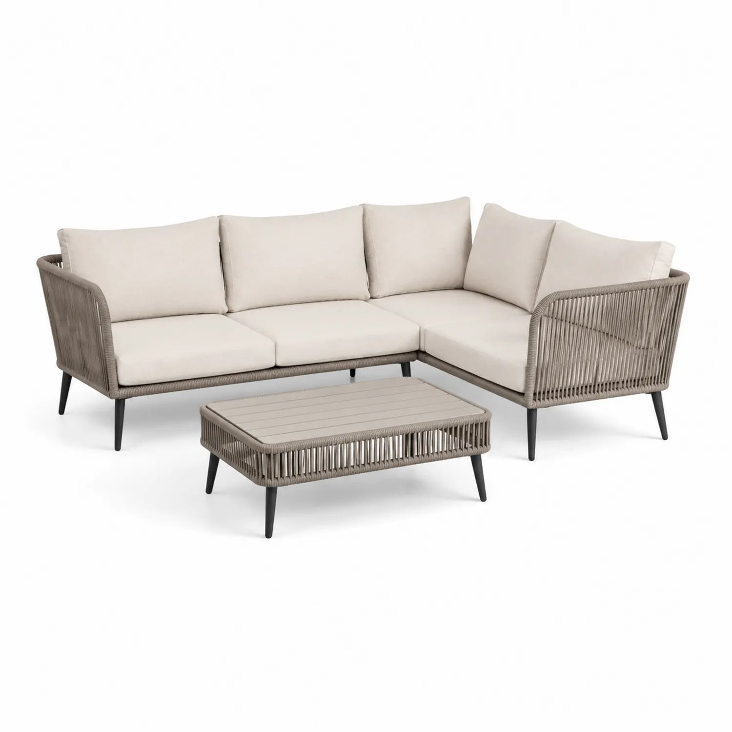 Zestaw mebli ogrodowych sofa narożna w kształcie L ze stolikiem 240 x 180 x 72 cm aluminium lina polipropylenowa szary beżowy