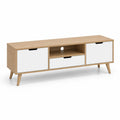 Szafka RTV 160 x 40 x 50 cm MDF laminowana biały dąb naturalny z drzwiami szufladą i otwartą półką drewniane nogi