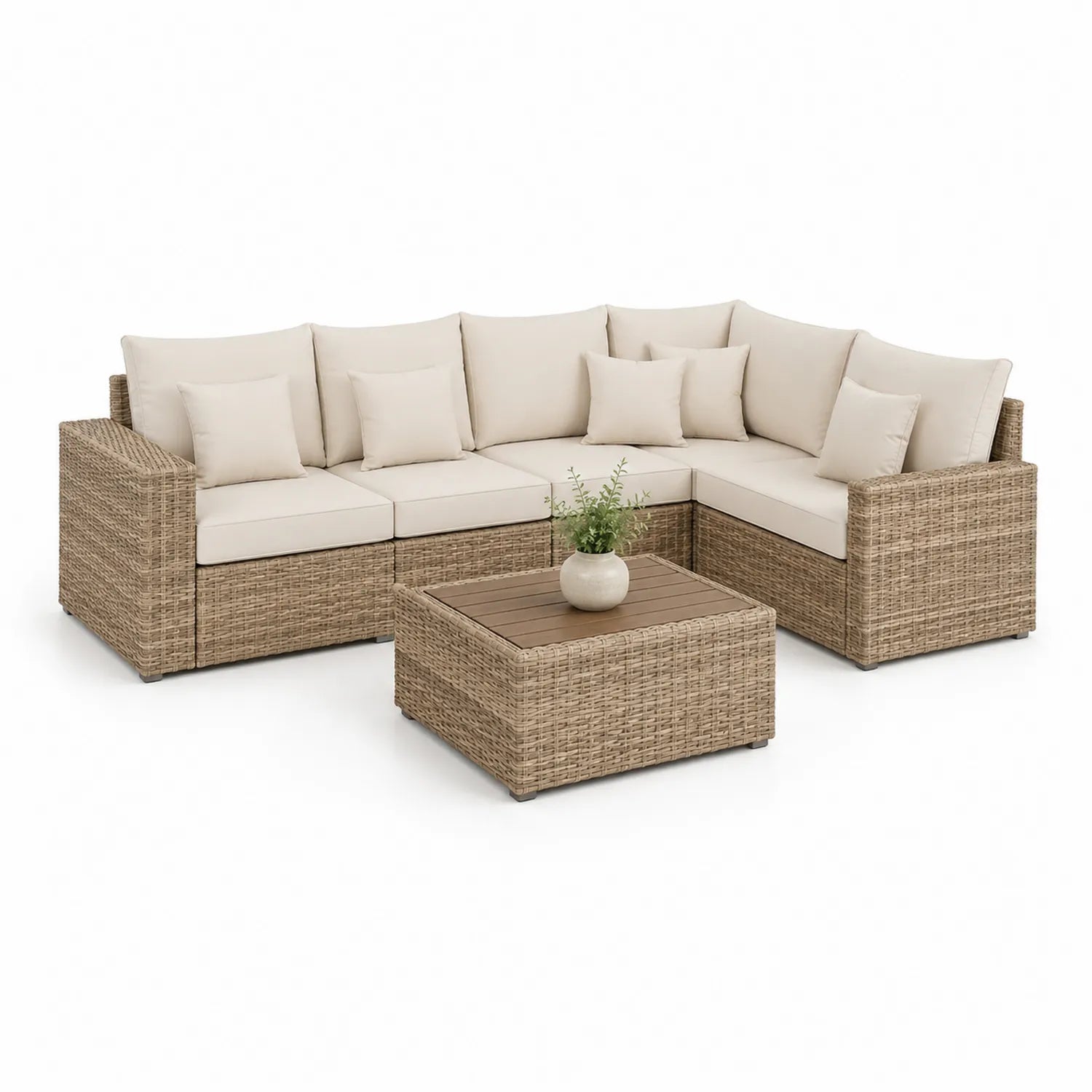 Zestaw mebli ogrodowych sofa narożna 4 moduły technorattan aluminium beżowy brązowy z stolikiem kawowym ok 200 x 200 x 70 cm