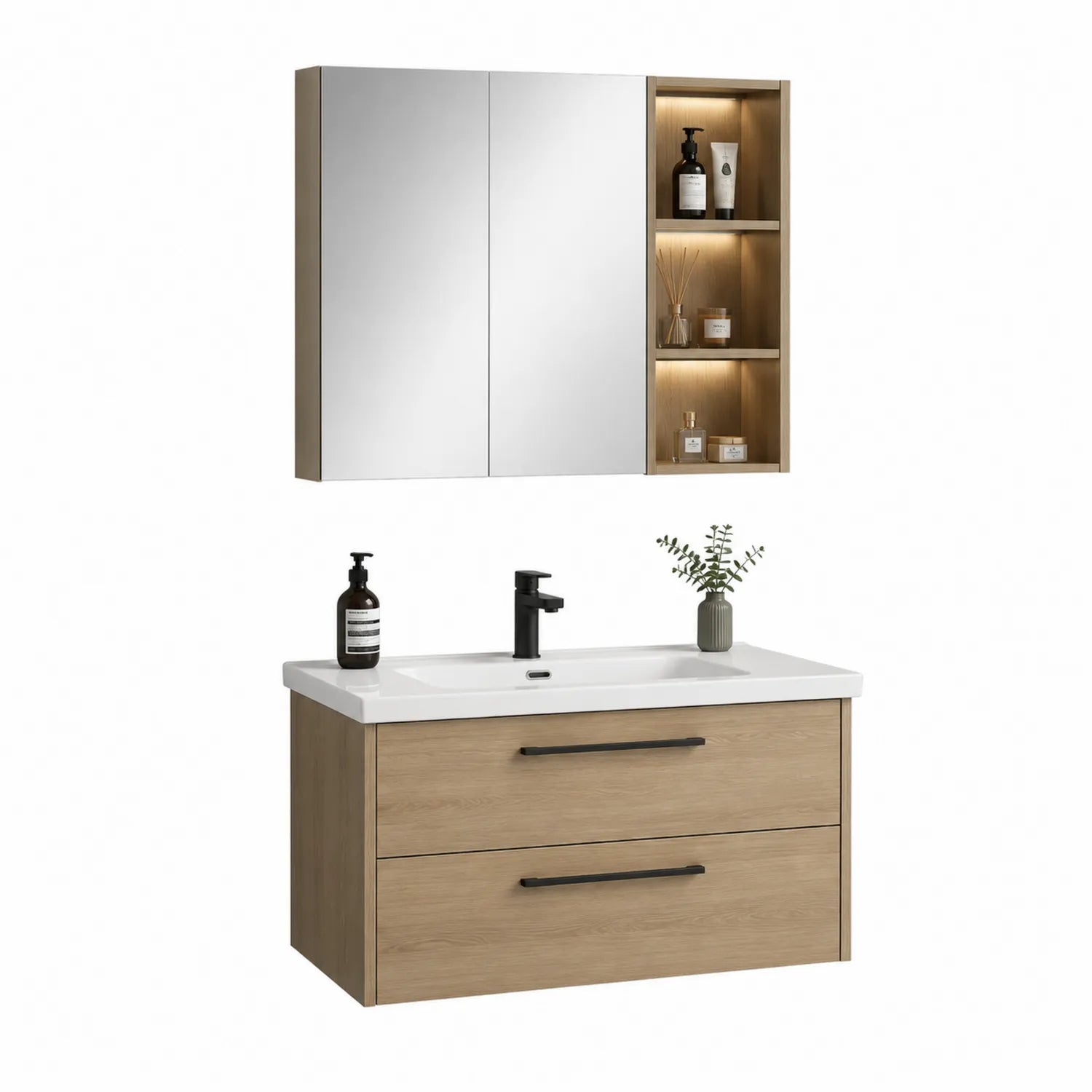 Szafka łazienkowa z umywalką 100 cm MDF laminowany dąb naturalny prostokąt biały czarny zestaw z szafką lustrzaną LED i półkami