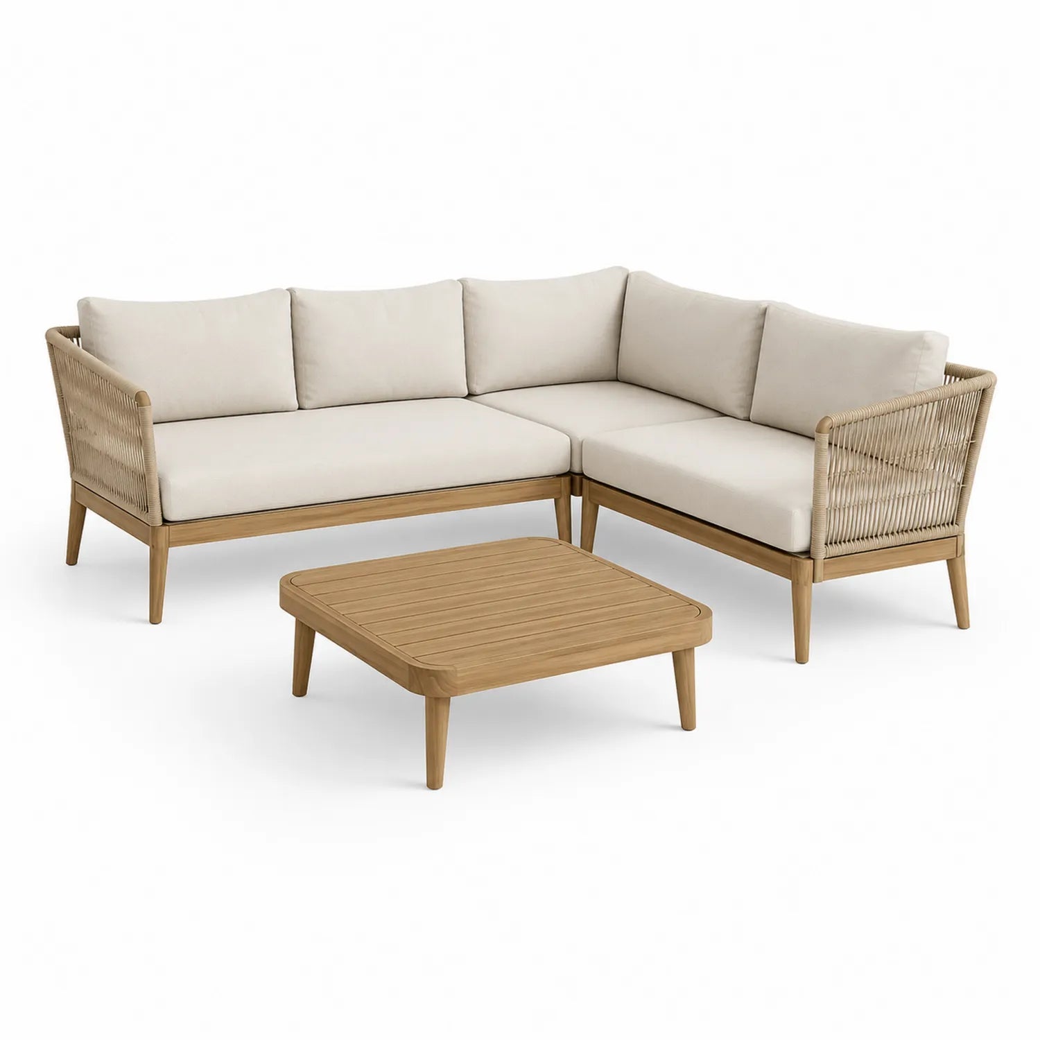 Zestaw mebli ogrodowych sofa narożna w kształcie L ze stolikiem 220 x 160 x 75 cm drewno akacjowe lina polipropylenowa naturalny beżowy