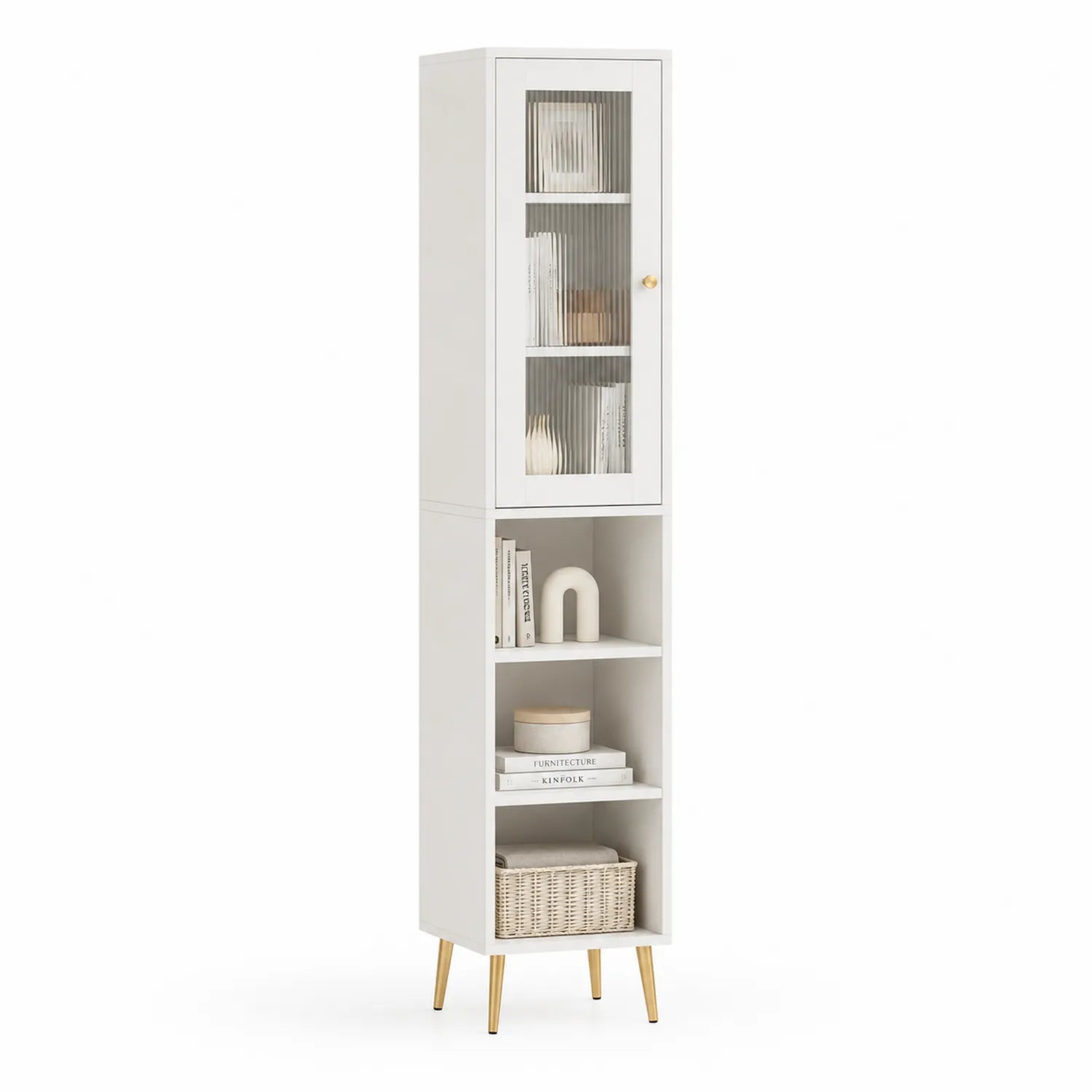 Witryna do jadalni 40 x 35 x 180 cm MDF szkło ryflowane biała złota
