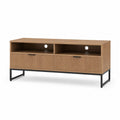 Szafka RTV 160 cm MDF dekor dąb naturalny metalowa czarna rama 2 szuflady otwarte półki 160 cm 40 cm 50 cm