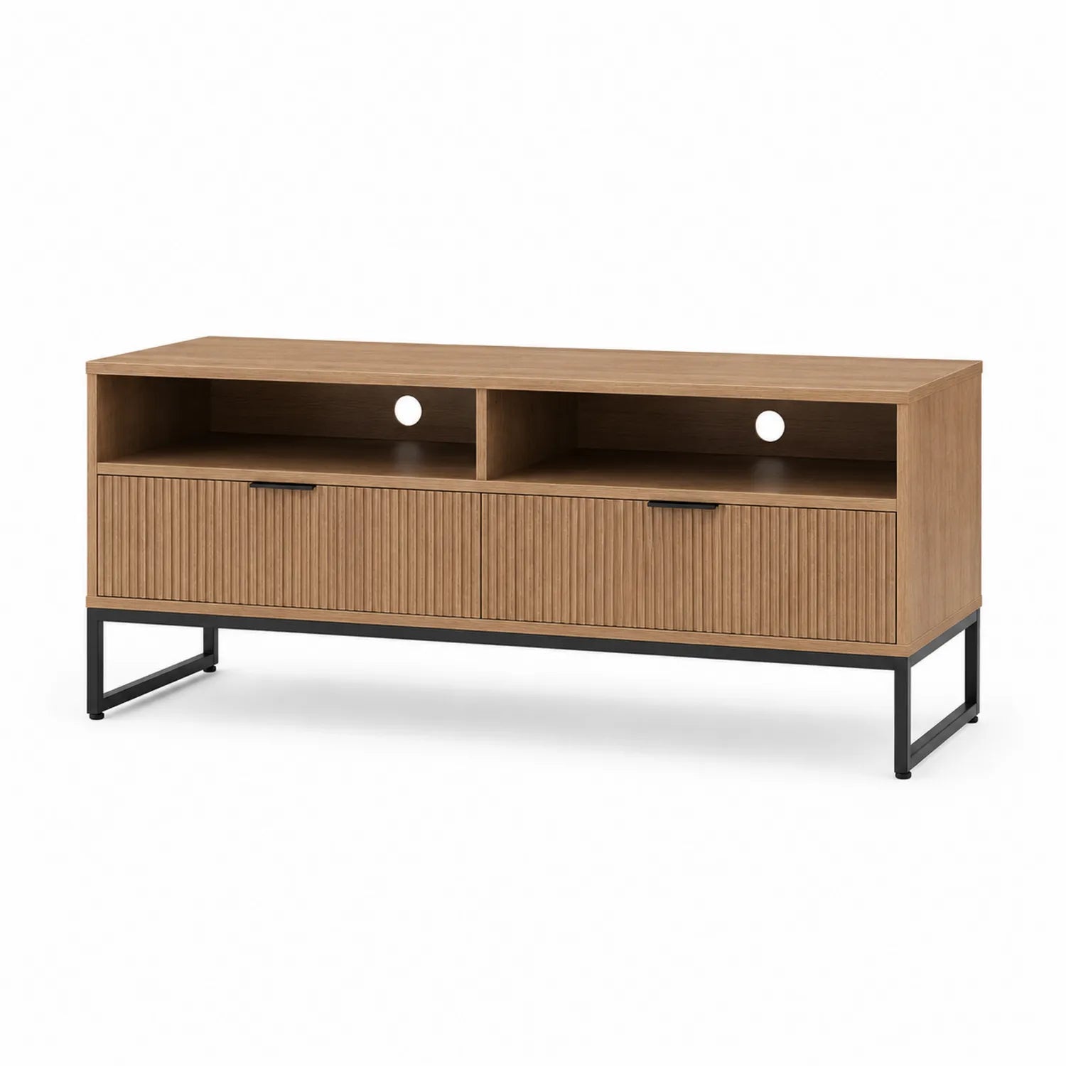 Szafka RTV 160 cm MDF dekor dąb naturalny metalowa czarna rama 2 szuflady otwarte półki 160 cm 40 cm 50 cm