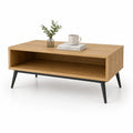 Stolik kawowy prostokątny MDF laminowany dąb naturalny 100 cm x 50 cm x 45 cm z półką i czarne metalowe nogi