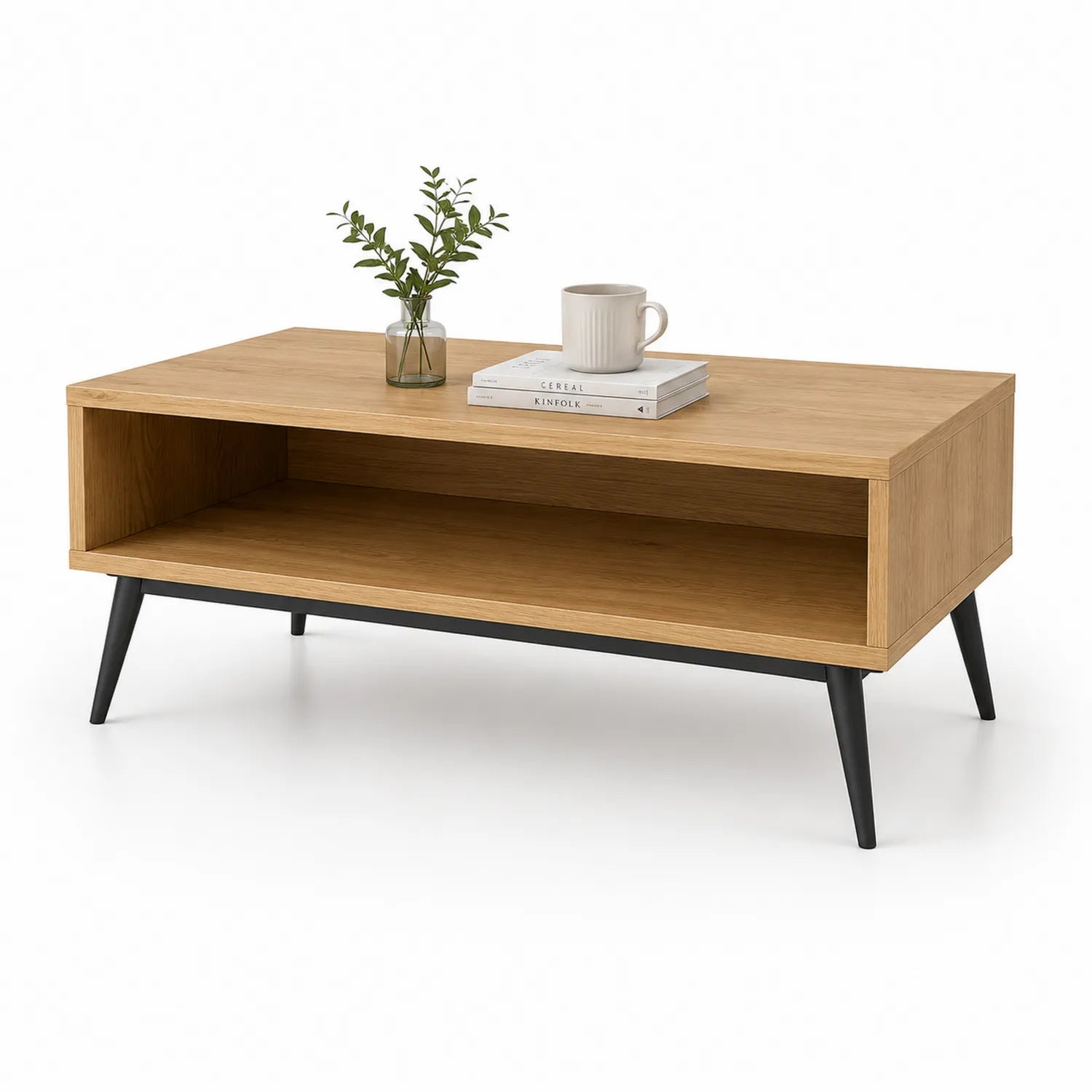 Stolik kawowy prostokątny MDF laminowany dąb naturalny 100 cm x 50 cm x 45 cm z półką i czarne metalowe nogi