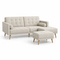 Sofa modułowa z szezlongiem i pufą 220 x 150 x 85 cm tkanina poliestrowa beżowa konstrukcja drewniana z drewnianymi nogami i poduszkami