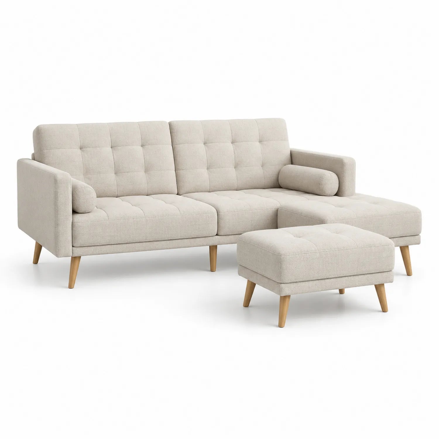 Sofa modułowa z szezlongiem i pufą 220 x 150 x 85 cm tkanina poliestrowa beżowa konstrukcja drewniana z drewnianymi nogami i poduszkami