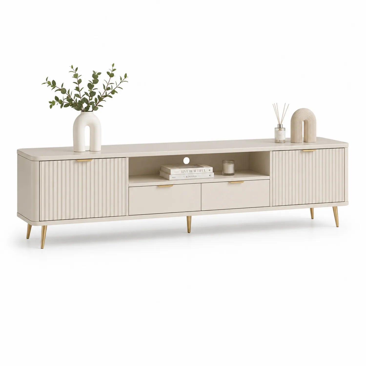 Szafka RTV 180x40x50 cm MDF kremowa ryflowane fronty