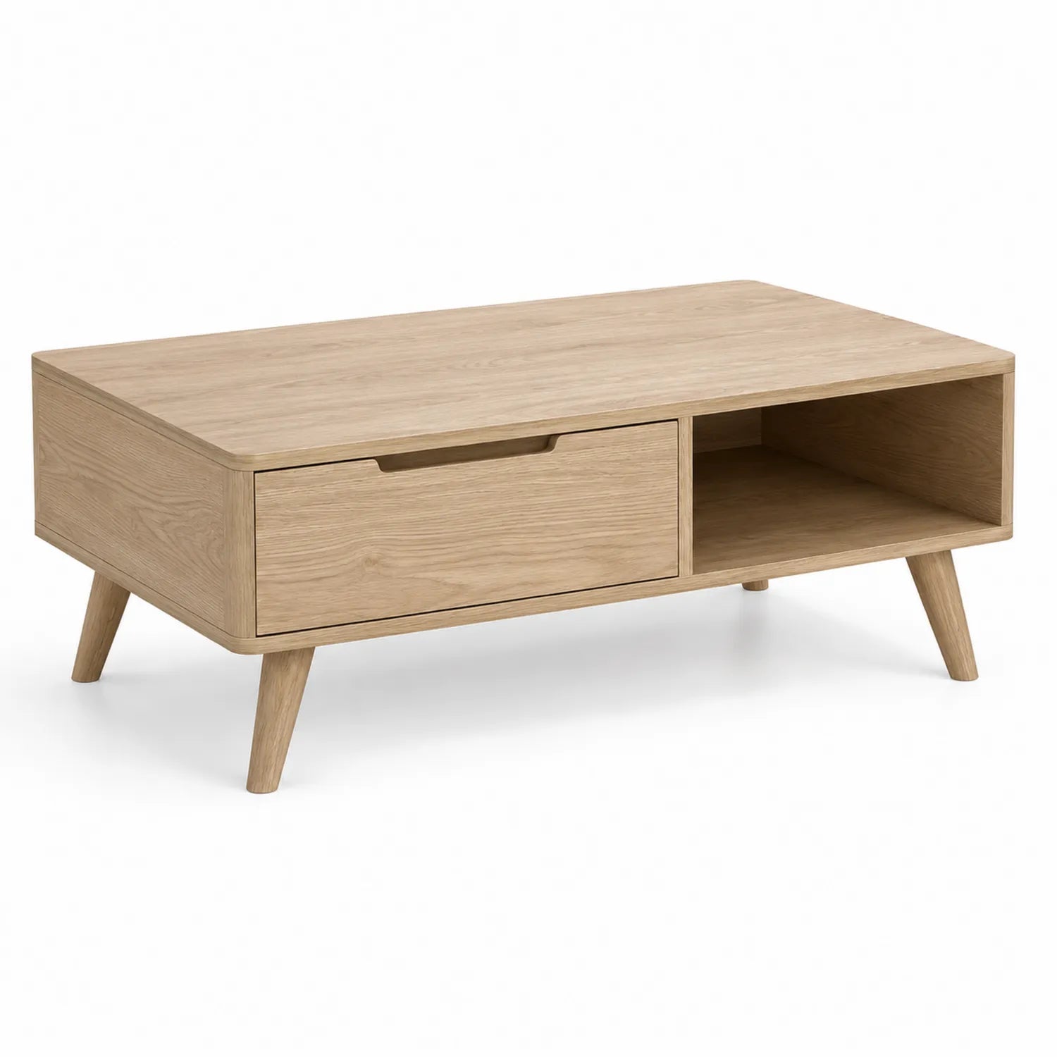 Stolik kawowy 100 x 50 x 40 cm MDF laminowany dąb naturalny z szufladą i otwartą półką drewniane nogi