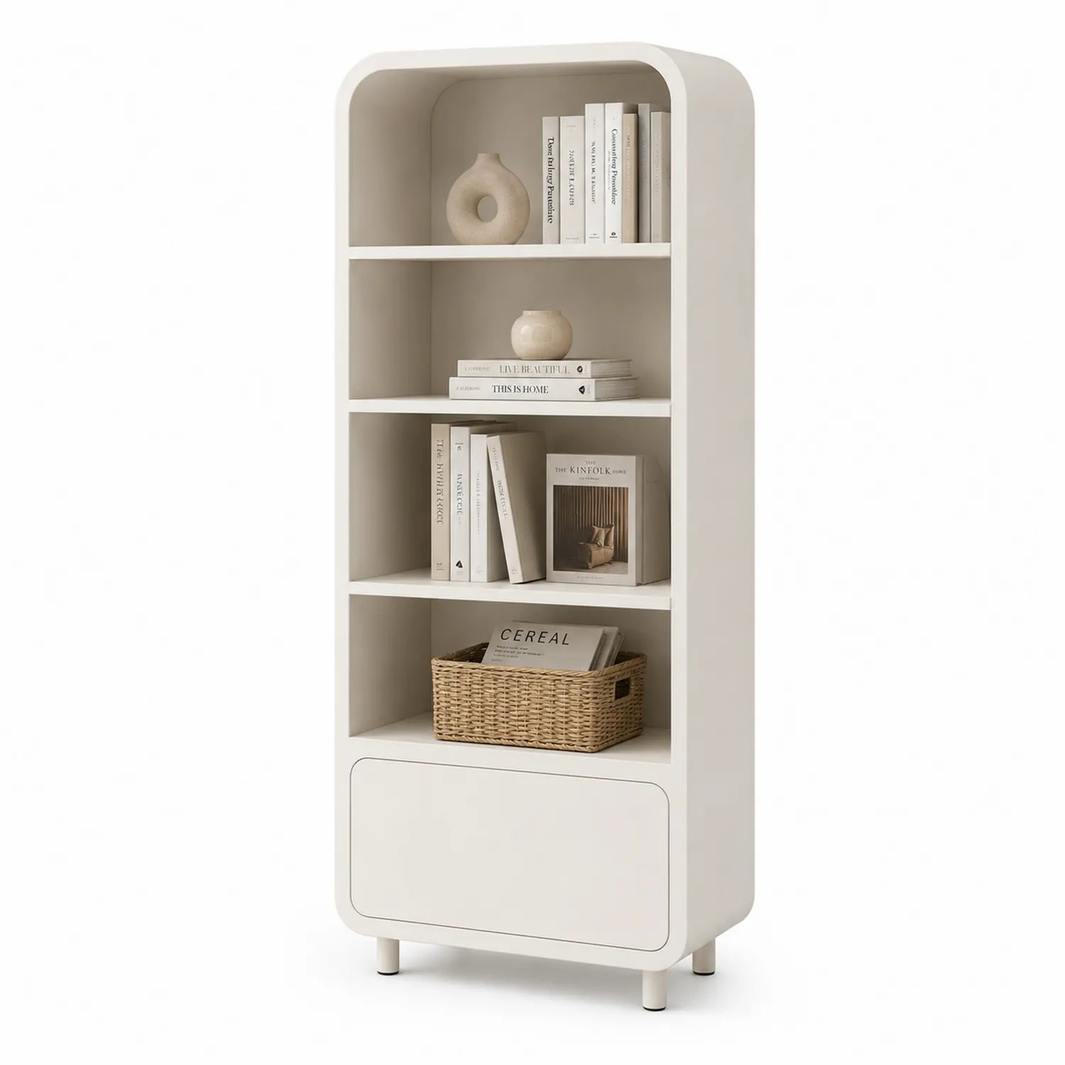 Regał do salonu MDF dąb naturalny beżowy około 80x35x180 cm z otwartymi półkami i dolną szafką łukowa górna krawędź