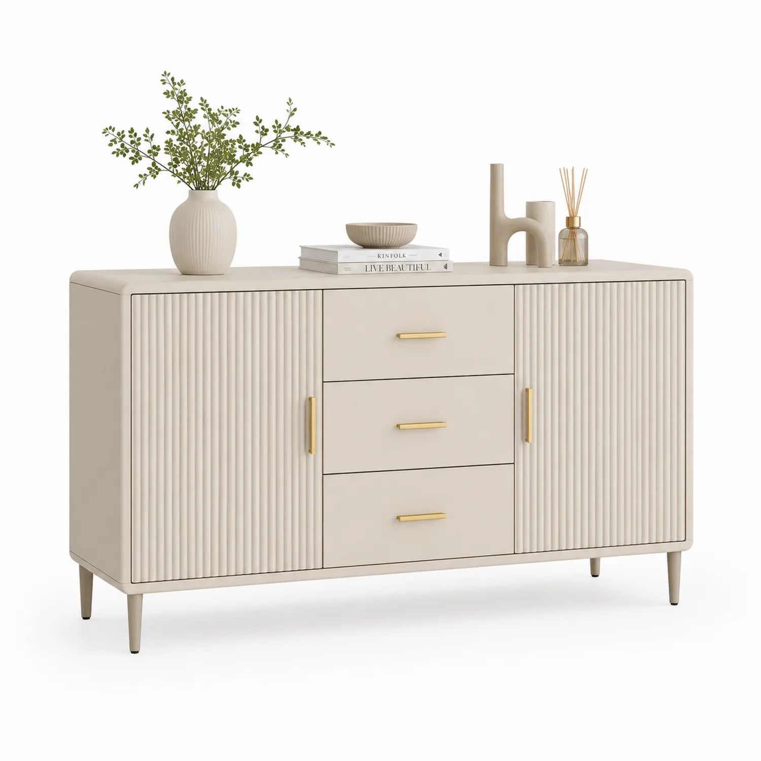 Kredens do jadalni 160 x 40 x 85 cm MDF z ryflowanymi frontami 2 drzwi 3 szuflady beżowy złoty