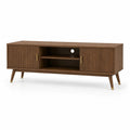 Szafka RTV 160x40x45 cm orzechowa MDF ryflowane fronty złote uchwyty drewniane nogi