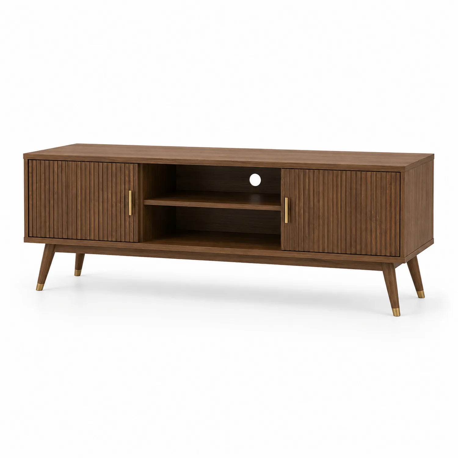 Szafka RTV 160x40x45 cm orzechowa MDF ryflowane fronty złote uchwyty drewniane nogi