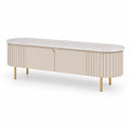 Szafka RTV 180 x 40 x 50 cm MDF laminowana beżowa blat marmurowy złote metalowe nogi dwudrzwiowa