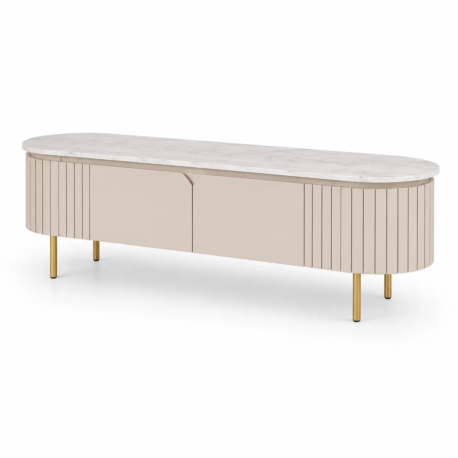 Szafka RTV 180 x 40 x 50 cm MDF laminowana beżowa blat marmurowy złote metalowe nogi dwudrzwiowa