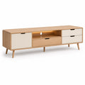 Szafka RTV 160 cm MDF dekor dąb naturalny biały drewniane nogi 160 cm 40 cm 50 cm otwarte półki szuflady