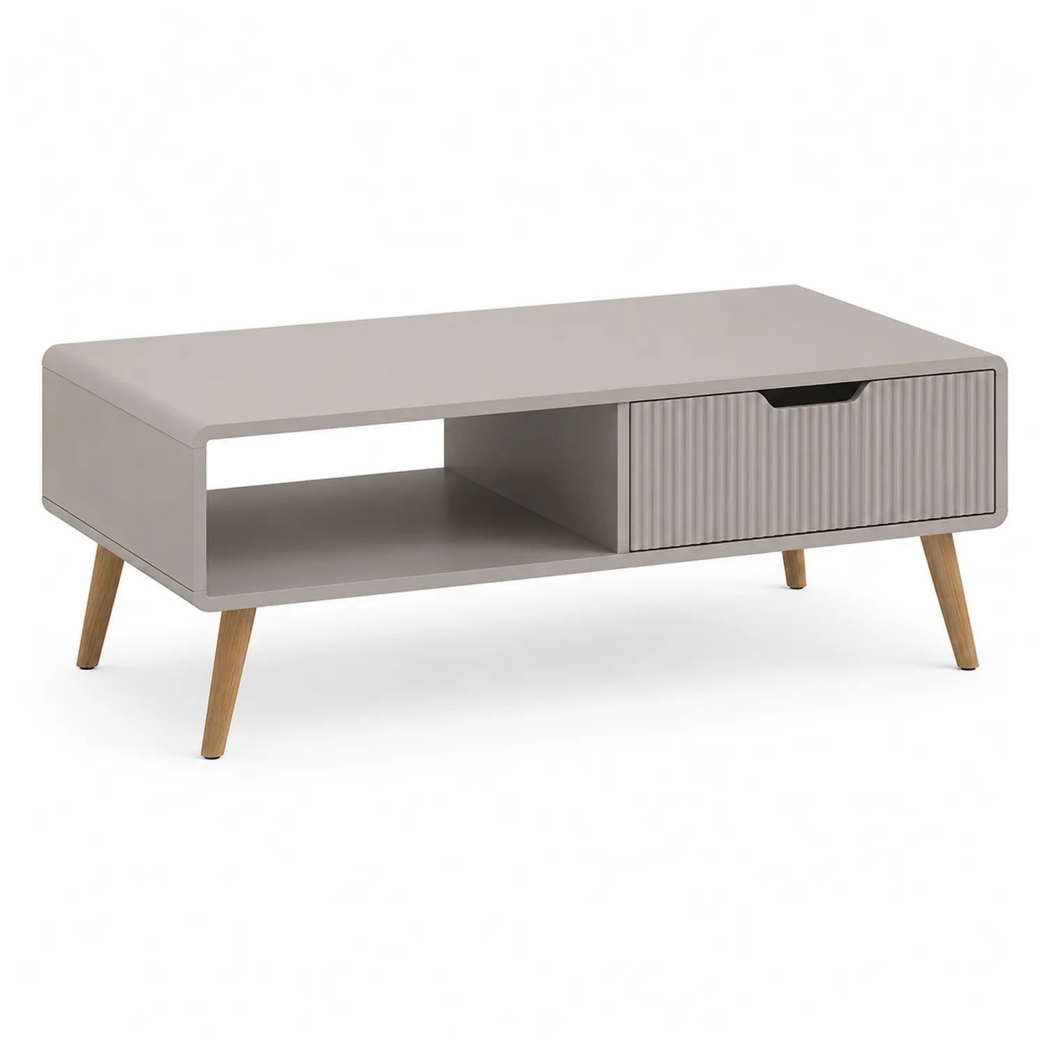 Stolik kawowy z szufladą i otwartą półką 100 cm x 55 cm x 40 cm MDF laminowany szary beżowy naturalne drewno nogi z drewna bukowego