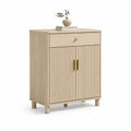 Szafka do przedpokoju 80 x 35 x 85 cm MDF dąb naturalny ryflowane fronty złote uchwyty 1 szuflada 2 drzwi