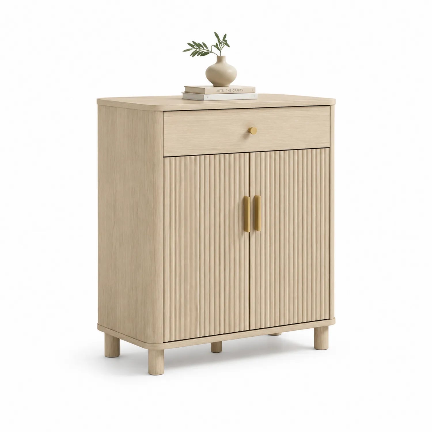 Szafka do przedpokoju 80 x 35 x 85 cm MDF dąb naturalny ryflowane fronty złote uchwyty 1 szuflada 2 drzwi