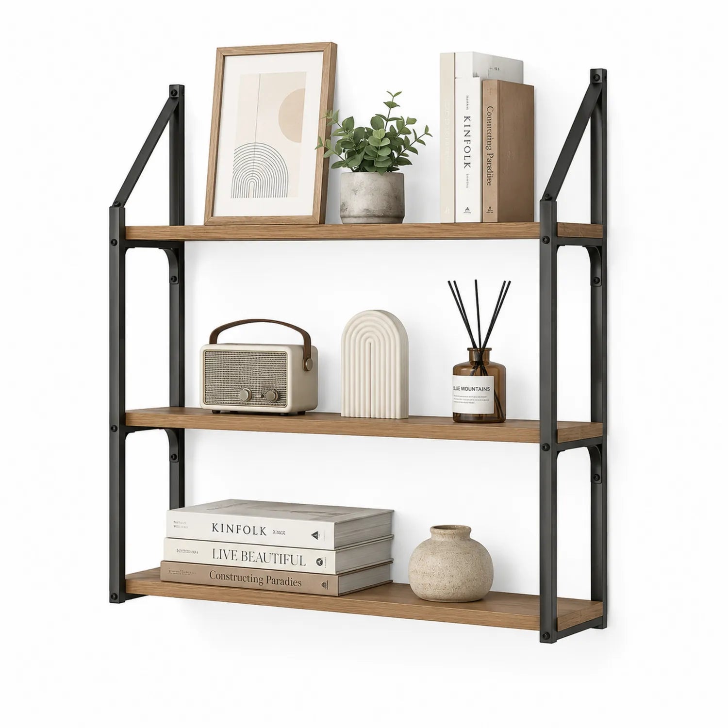 Regał ekspozycyjny ścienny 60 x 20 x 80 cm MDF laminowany dąb naturalny czarny metalowy 3 poziomy montaż ścienny